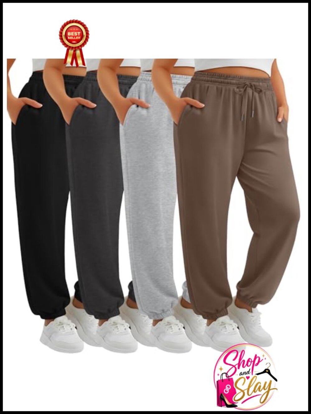Plus Size Sweatpants with Pockets Drawstring Joggers 4 Pack